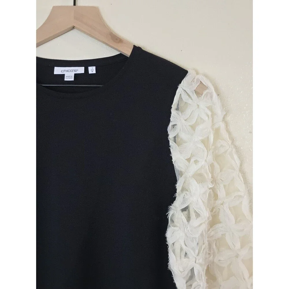Chico's Mesh Applique Sleeve Blouse Womens Size 1 Medium Black Ivory Elegant Top